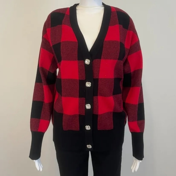 {Tommy Bahama} Buffalo Plaid Check Embellished Button Down Cardigan - Picture 1 of 15